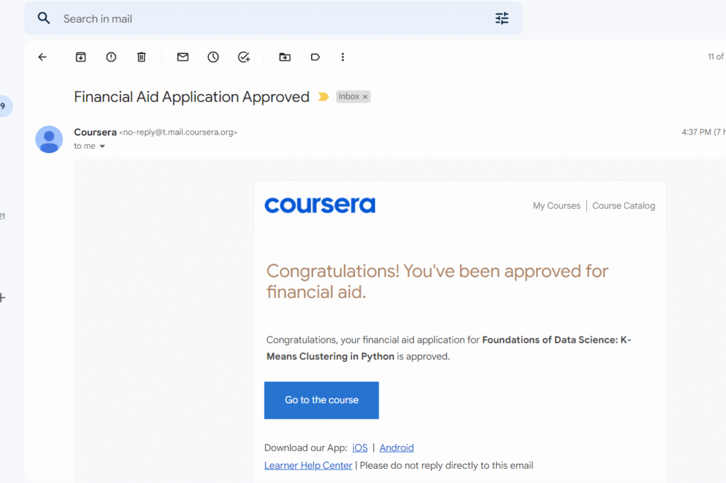 Coursera financial aid application has been approved