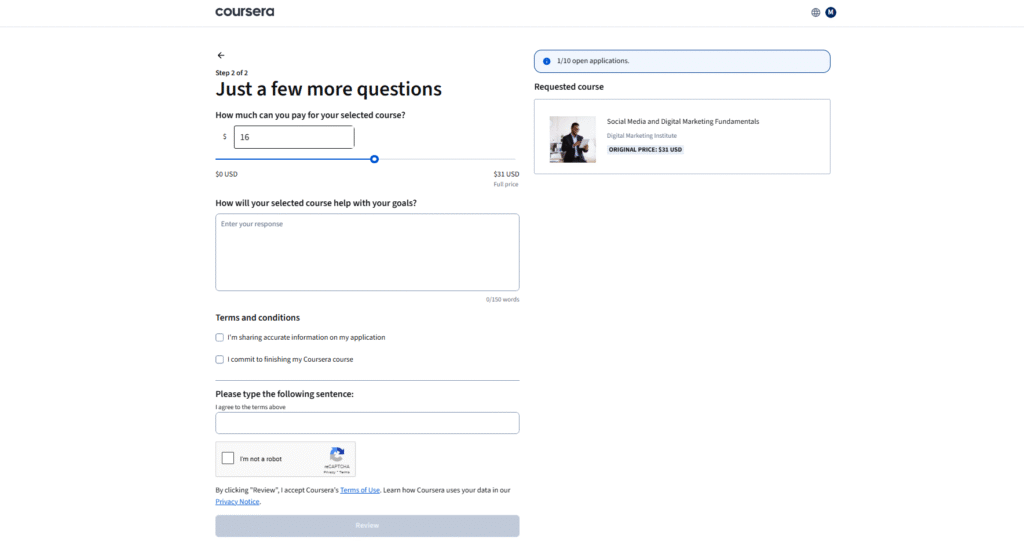 Get Coursera Financial Aid Step 