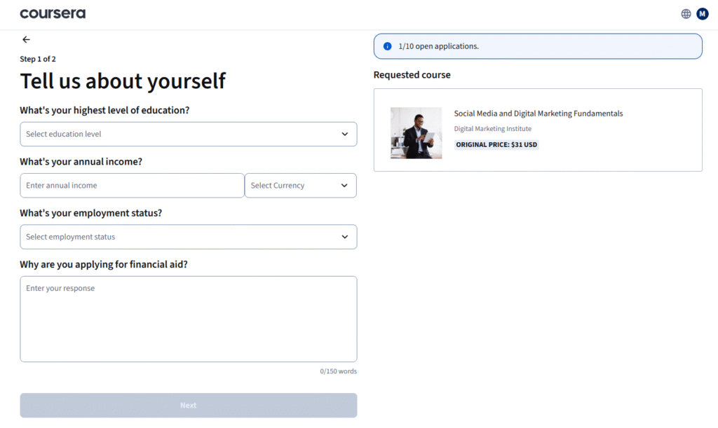 Get Coursera Financial Aid Step 